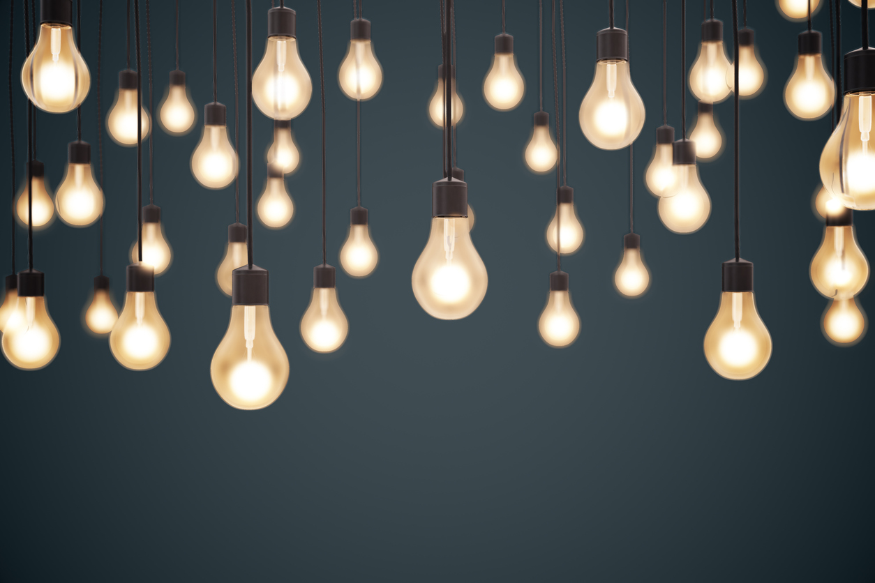 glowing lightbulbs, business idea concept. 3d rendering