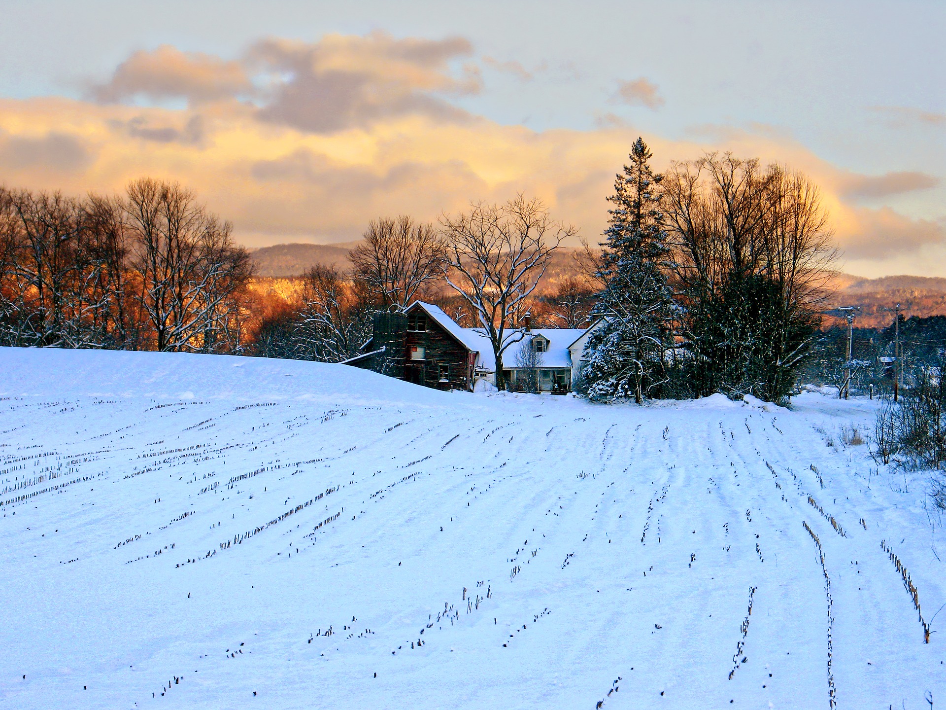 Snowy field in front of house in New England
