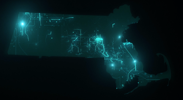 Outline of Massachusetts filled in with lights and circuits