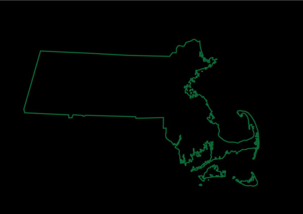Outline of Massachusetts in green on black background