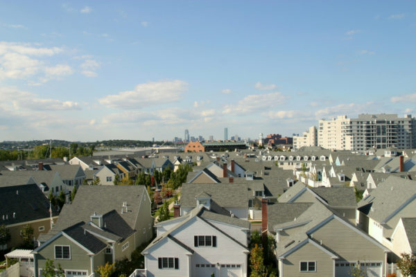 View of downtown Boston from the suburbs south of the city